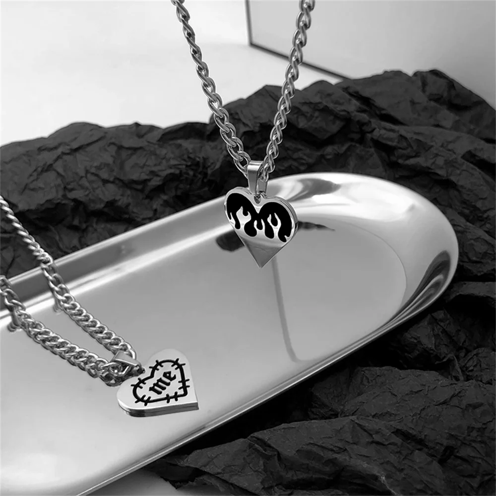 

Titanium Steel Heart Necklace For Women Men Trend Punk Kpop Flame Love Pendant Collar Nk Chain Hot Girl Jewelry New Couple Gift