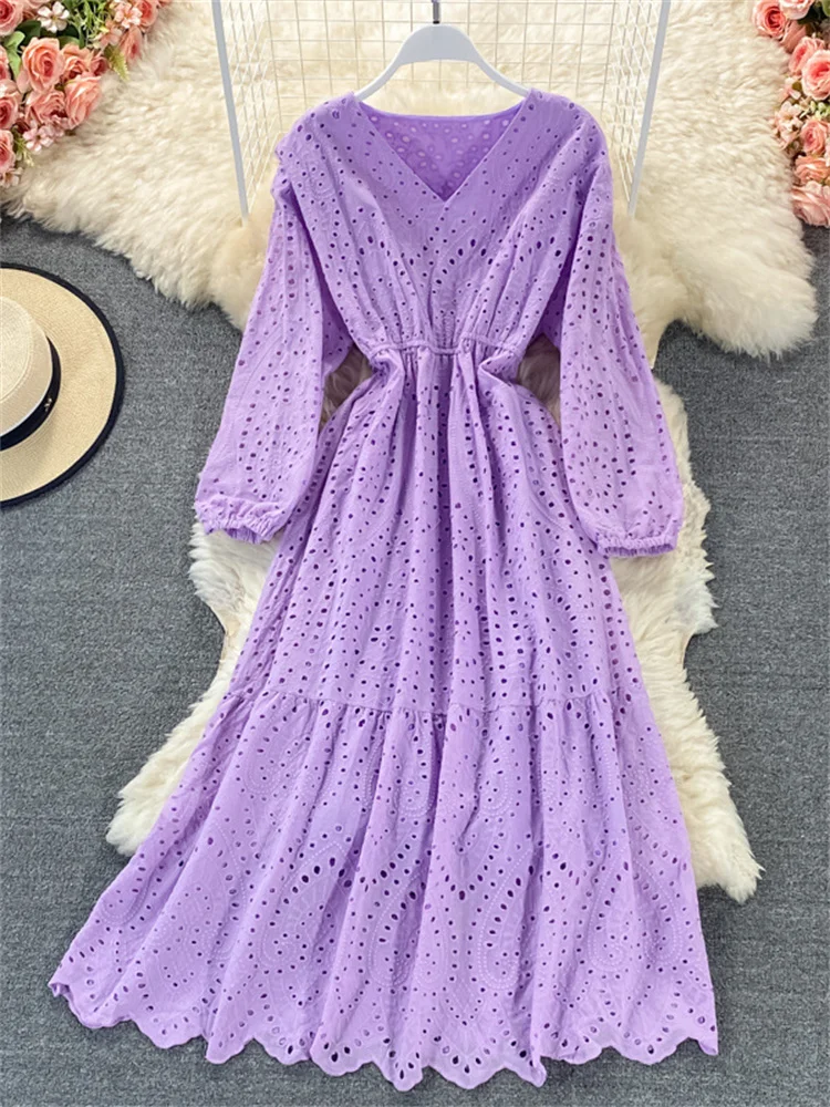 

Женское винтажное платье-миди с пышными рукавами, свободное ажурное платье с вышивкой в стиле ретро, Y2K, весна-осень 2023