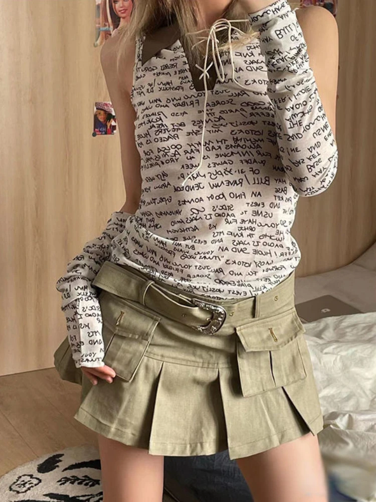 

HOUZHOU Retro Belts Y2k Denim Cargo Skirt Women Summer Sexy Pocket Patchwork High Waist A-line Pleated Mini Skirt Streetwear