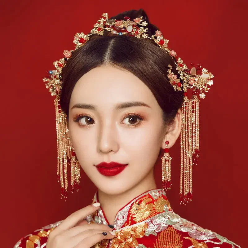 

Традиционная свадебная корона для невесты, расческа для волос, шпильки для волос в китайском стиле, свадебный головной убор Xiuhe, старинная искусственная Цветочная повязка на голову
