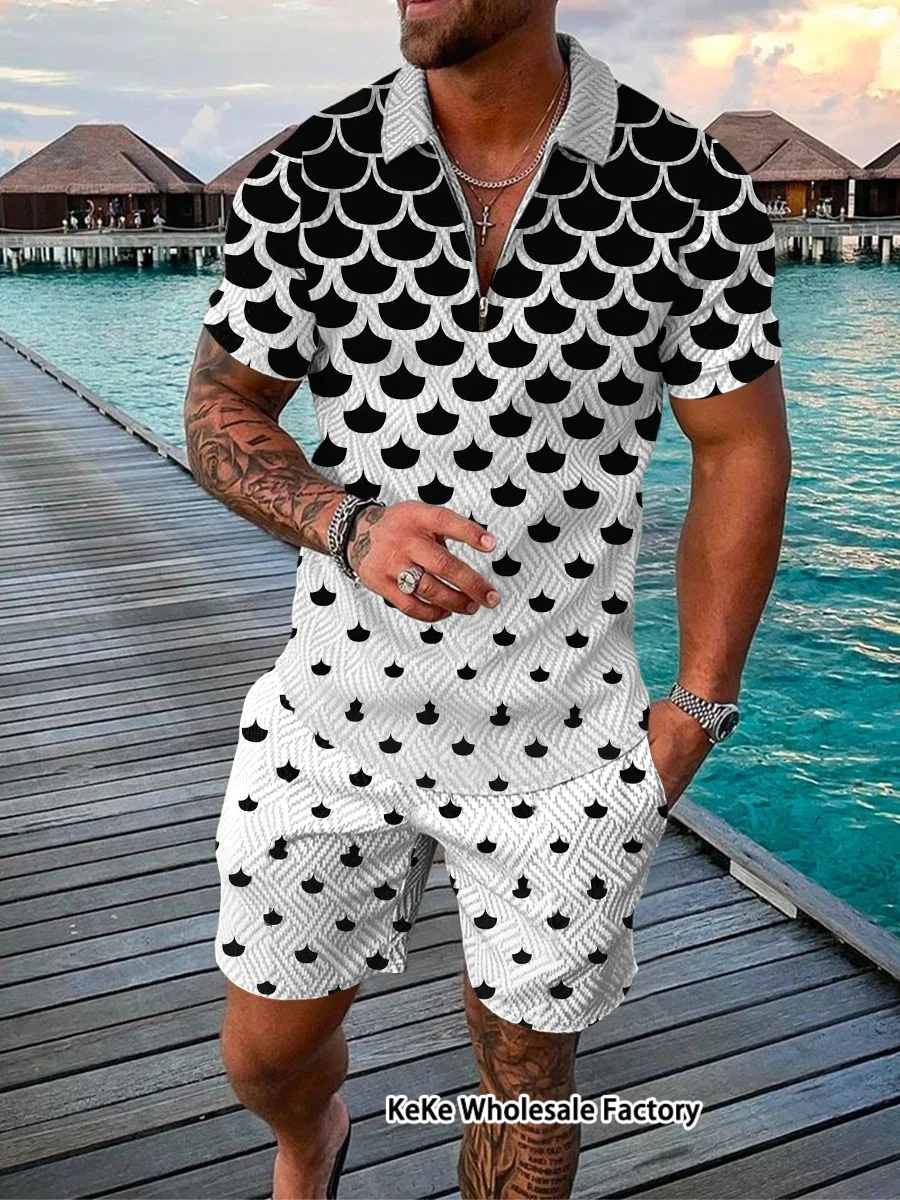 Men's Zipper Polo Shirt+Shorts 2Piece Set Vintage T Shirt Lapel Tees New Short Sleeve Outfits Man Clothes Tops Pants Suit