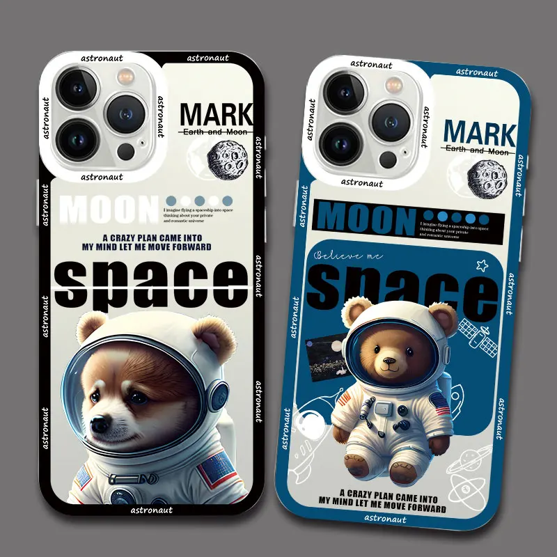 

Cute Cartoon Bear And Dog Astronaut Clear Phone Case For iPhone 14 13 12 11 Pro MAX X XS XR 7 8 Plus SE2 Transparent Back Cover