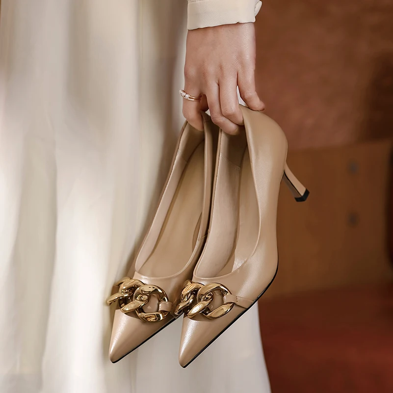 

Meotina Genuine Leather High Heels Stiletto Heel Women Shoes Metal Decoration Pointed Toe Pumps Office Ladies Footwear Beige 40