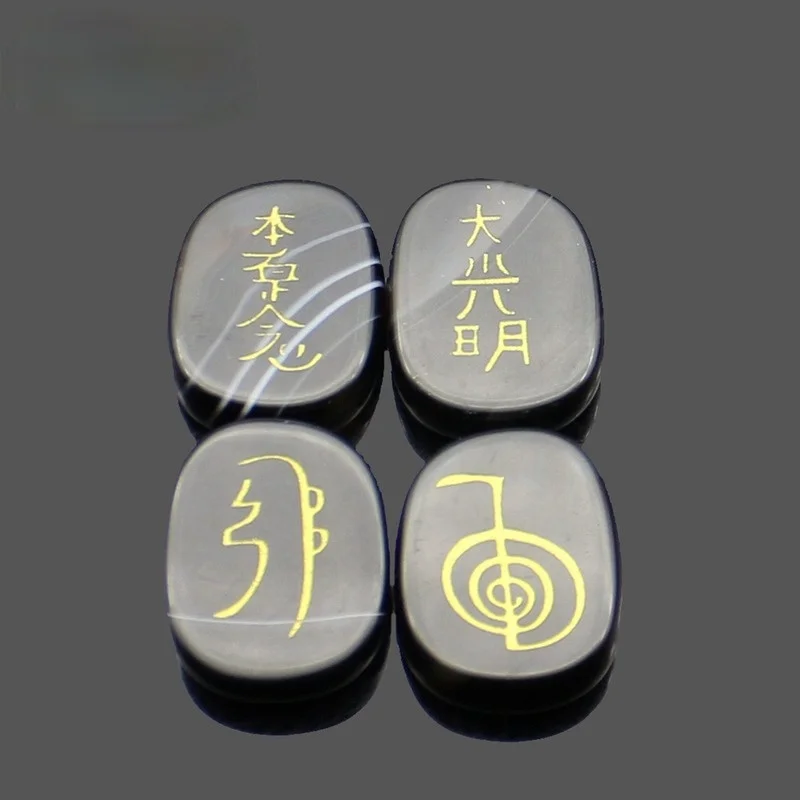 

Natural Obsidian Bronzing Carved Four Reiki Symbols of Japanese Religion Symbols Gem Alphabet Beads Jewelry Making