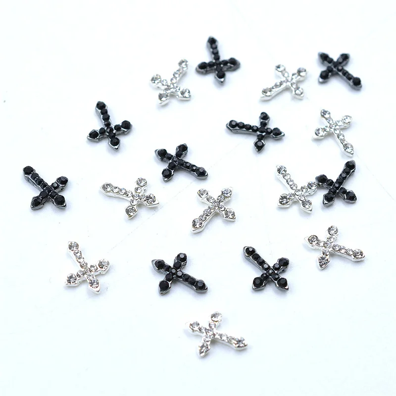 

5Pcs Simple Luxury Diamond Nail Art Rhinestones Silver/Black Cross Alloy Crystal Charms For Nails Metal Cross Shape Decorations