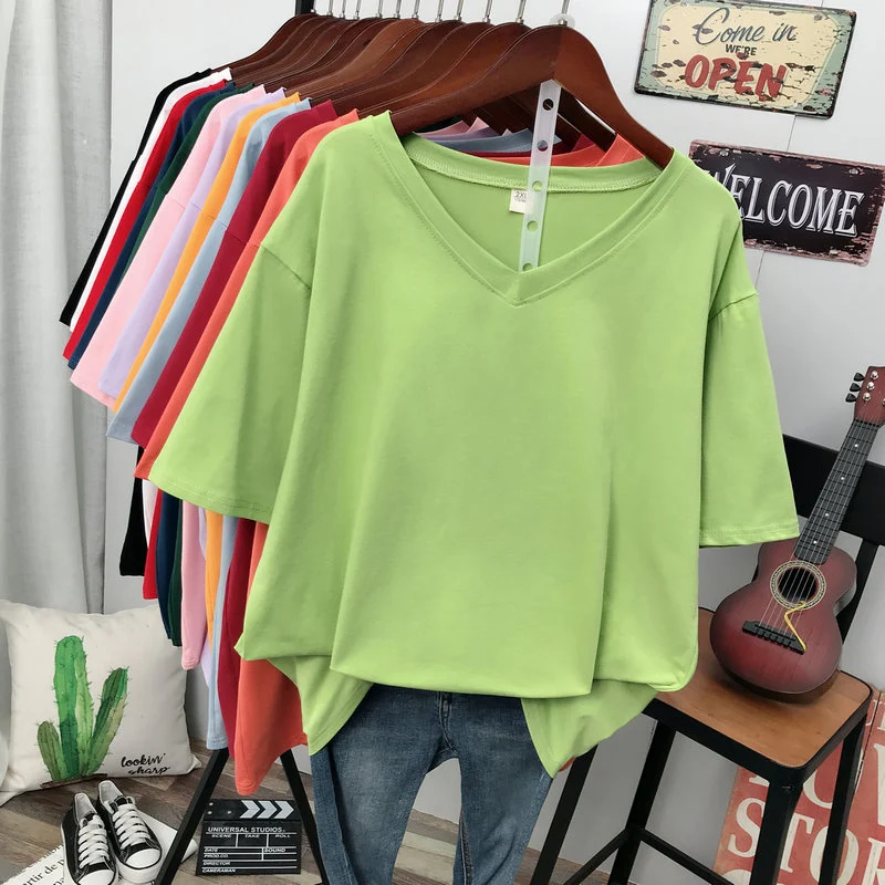 DAYIFUN Plus Size T Shirt Solid V Neck Tshirt 100% Cotton L-6XL Short Sleeve Women's Top Basic Summer Couple Oversized T Shirts
