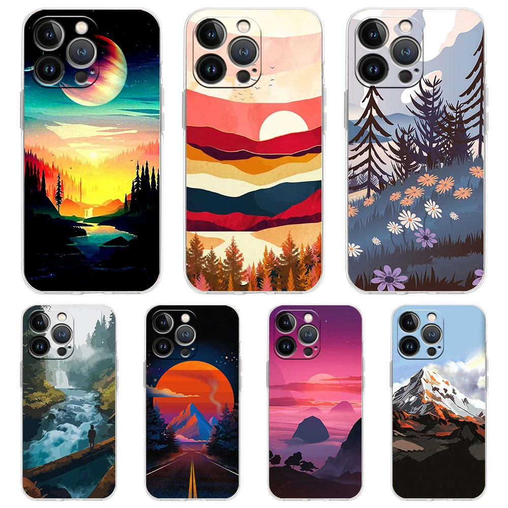 

Hand Painted Scenery Case for iPhone 13 12 Pro Max Cover Transparent Soft for iPhone 11 Pro Max 7 8 Plus X XS XR SE2020 Shell