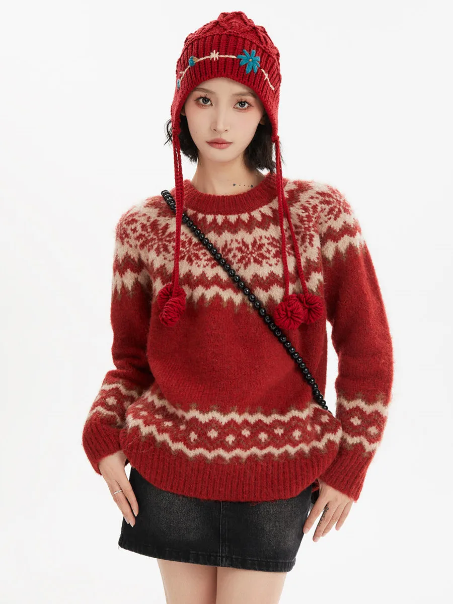 Рождественский новогодний красный пуловер женский свитер в стиле ретро Y2K