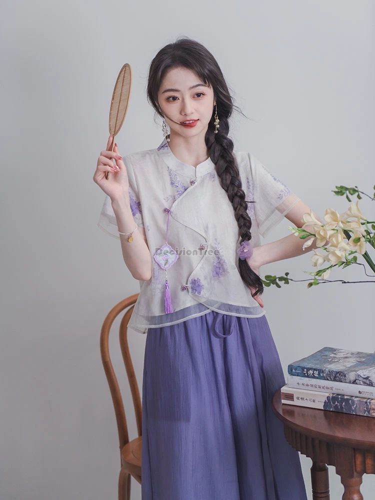 2024 новый китайский стиль нерегулярный дизайн блузка Cheongsam с короткими рукавами +