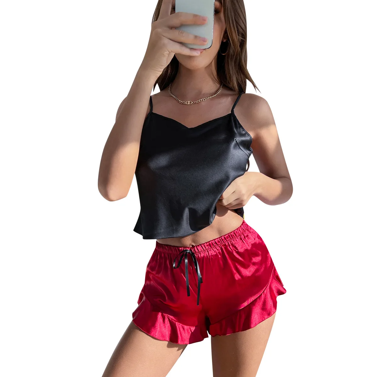 New Women Pajamas Suit V-Neck Suspender and Ruffled Shorts 2 Pieces Set Summer Satin Silk Sexy Casual Homewear Female Sleepwear