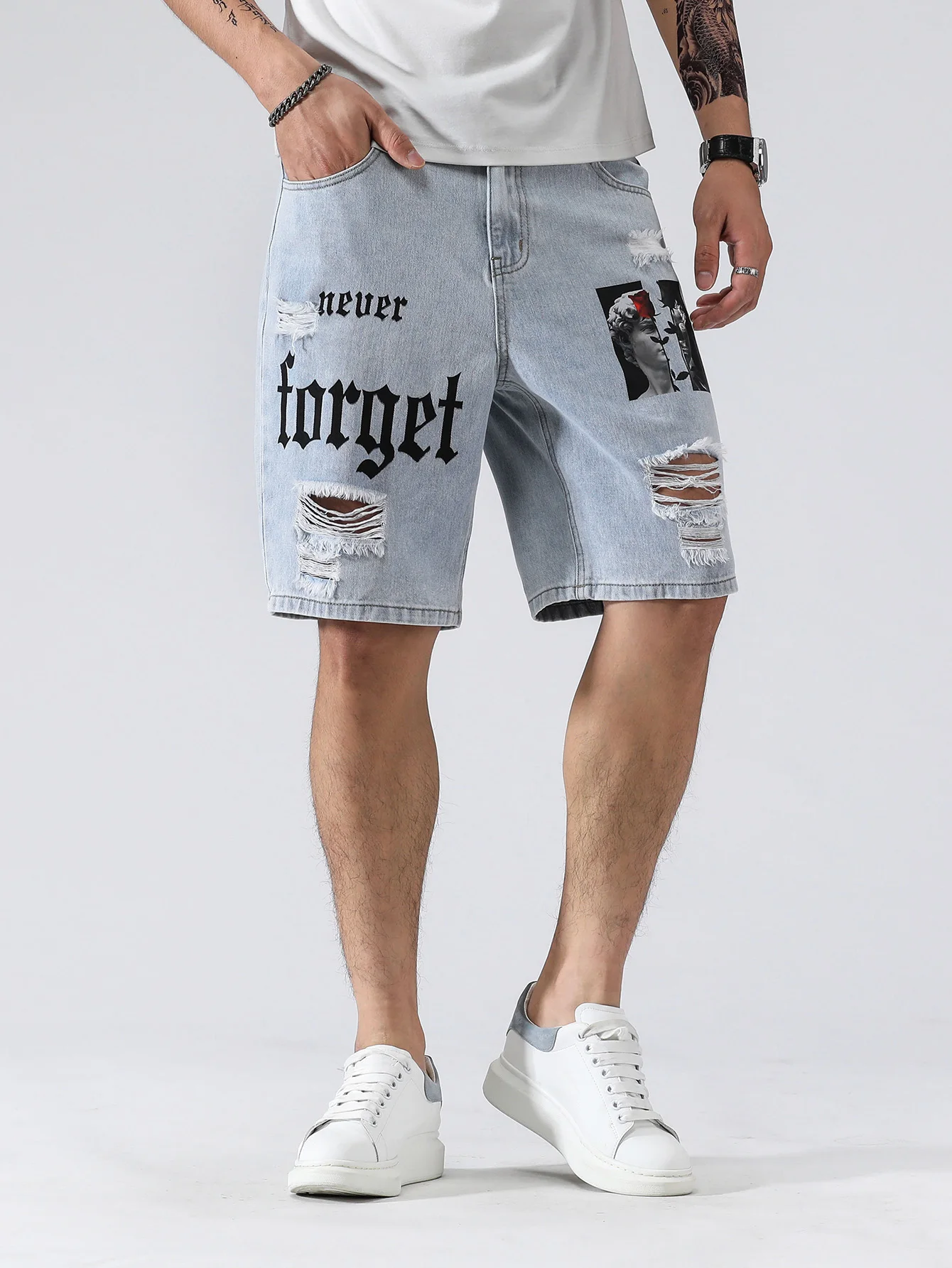 Hole Ripped Slim Men Shorts Casual Jeans Retro Blue Washed Street Knee-length Male Denim Pants