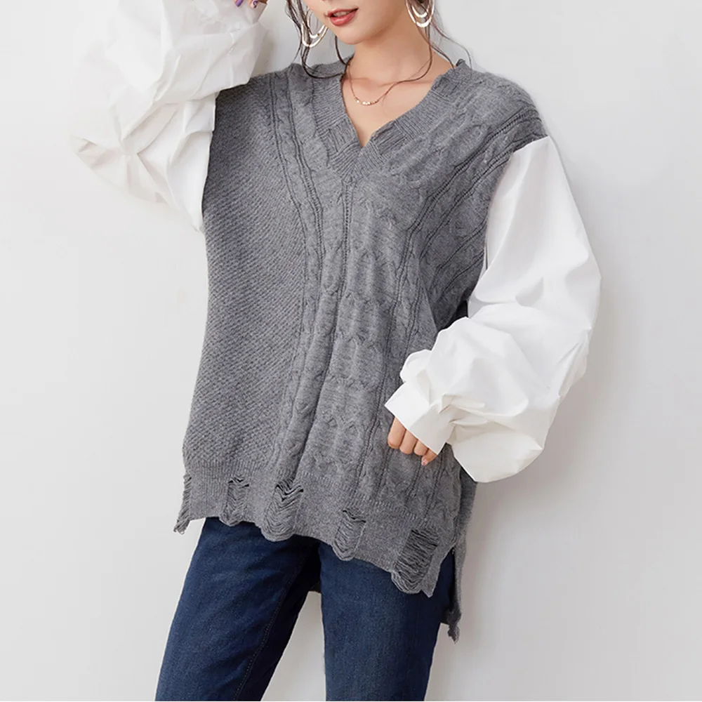 

Split Women Pullover Sweater Stitching Double-Layer Casual Fashion Knitwear Gray Patchwork Color Block Ripped Commuter OL Spring