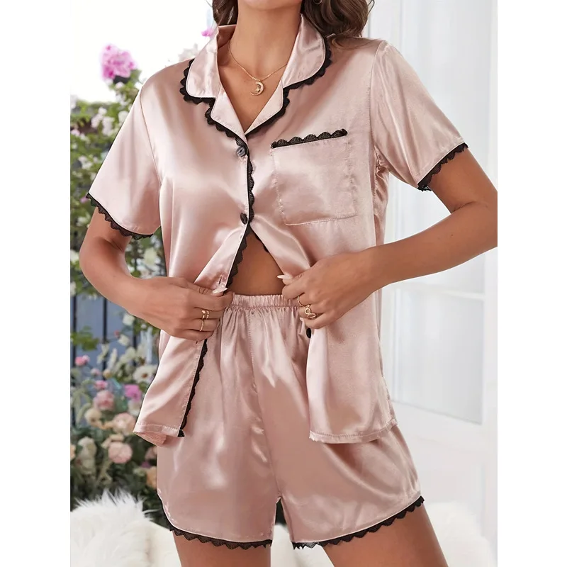 Women's imitation silk pajamas summer short-sleeved pajamas cardigan leisure lace home clothes set