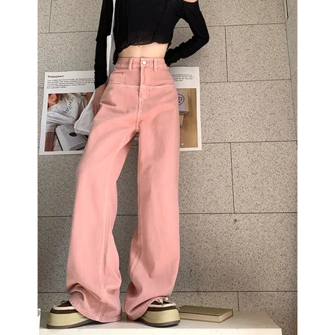 Женские винтажные джинсы с завышенной талией, розовые мешковатые джинсы с широкими штанинами в стиле хип-хоп, уличная одежда, Y2K, 2024