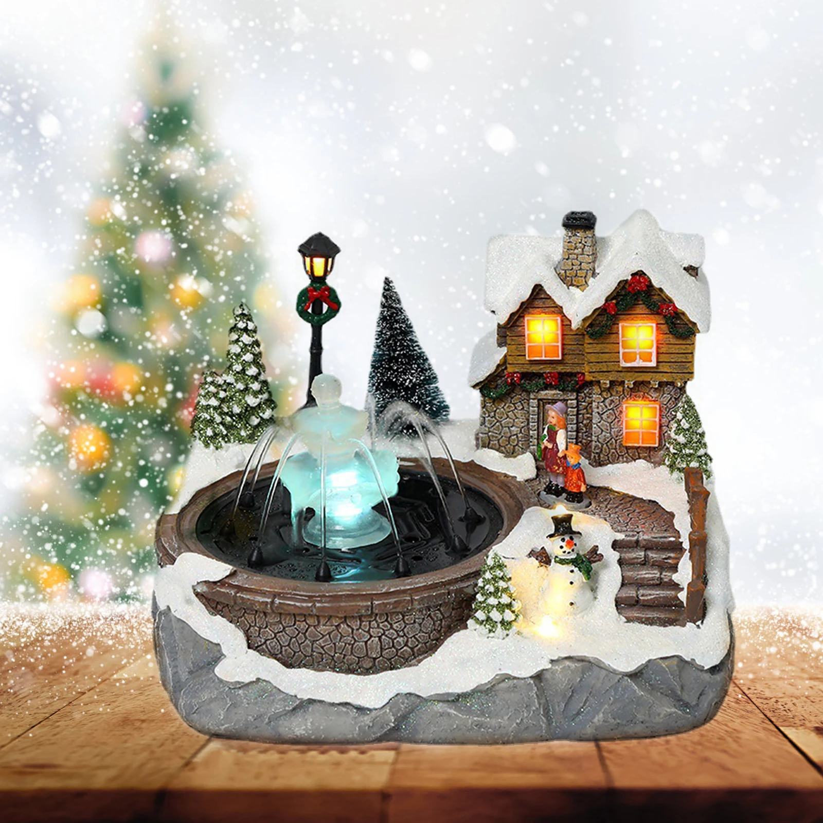 

Christmas Village Scene Ornament Colorful LED Lighted Resin Snow House Music Water Fountain Animated Statues Figurine 2023 Decor