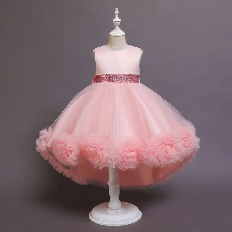 

2020 Kids Ball Gown Flower Girl Tailing Dresses Puffy Satin Bow Girl Princess Long Dresses for Kids Communion Wedding Dresses