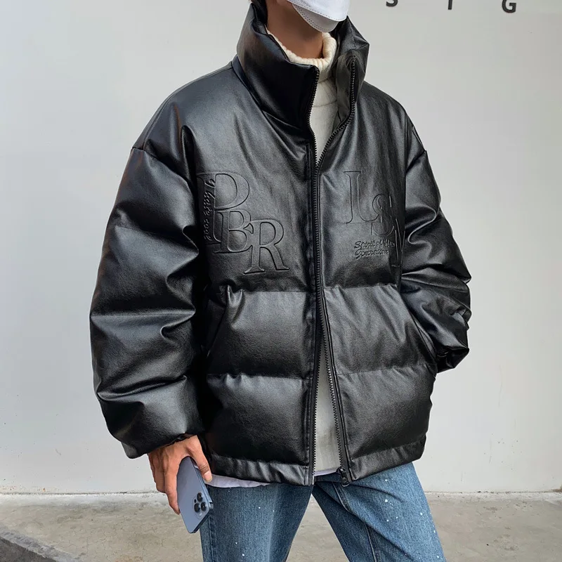 PU Leather Parkas Mens Hip Hop Streetwear Harajuku Solid Stand Collar Warm Thickened Puffer Jacket Bubble Coat with Pockets