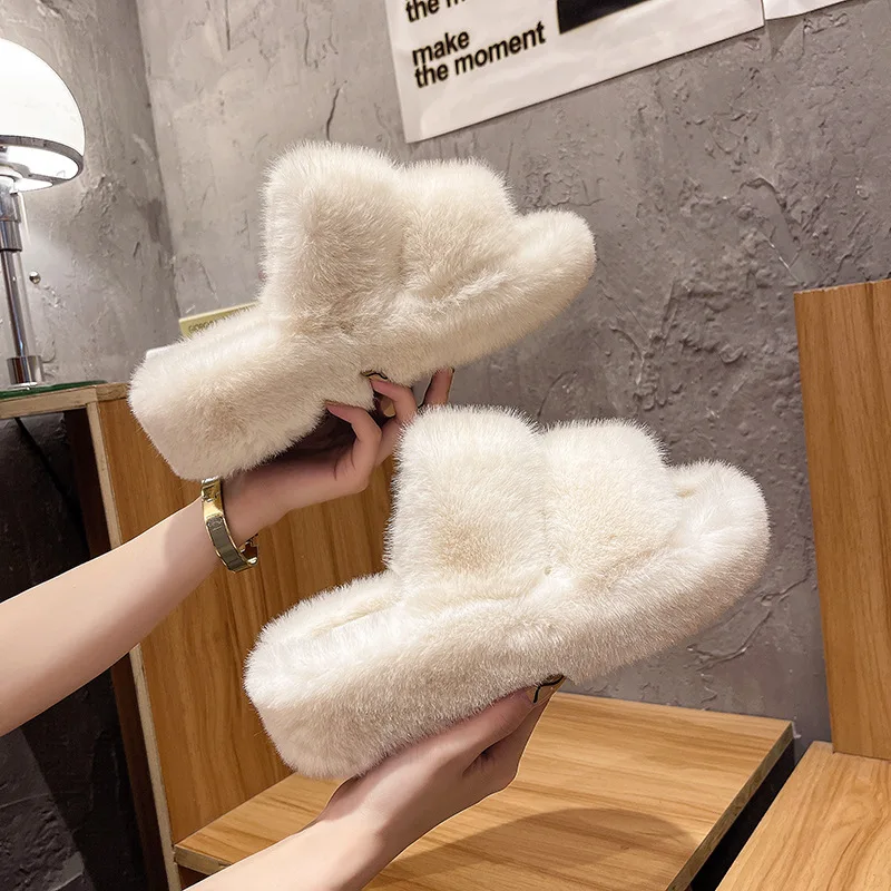 

Furry Slippers Fluffy Slides for Women Faux Fur Shoes Brand Luxury Cozy Warm Platform Slipper Female Casual Flat Winter Footwear