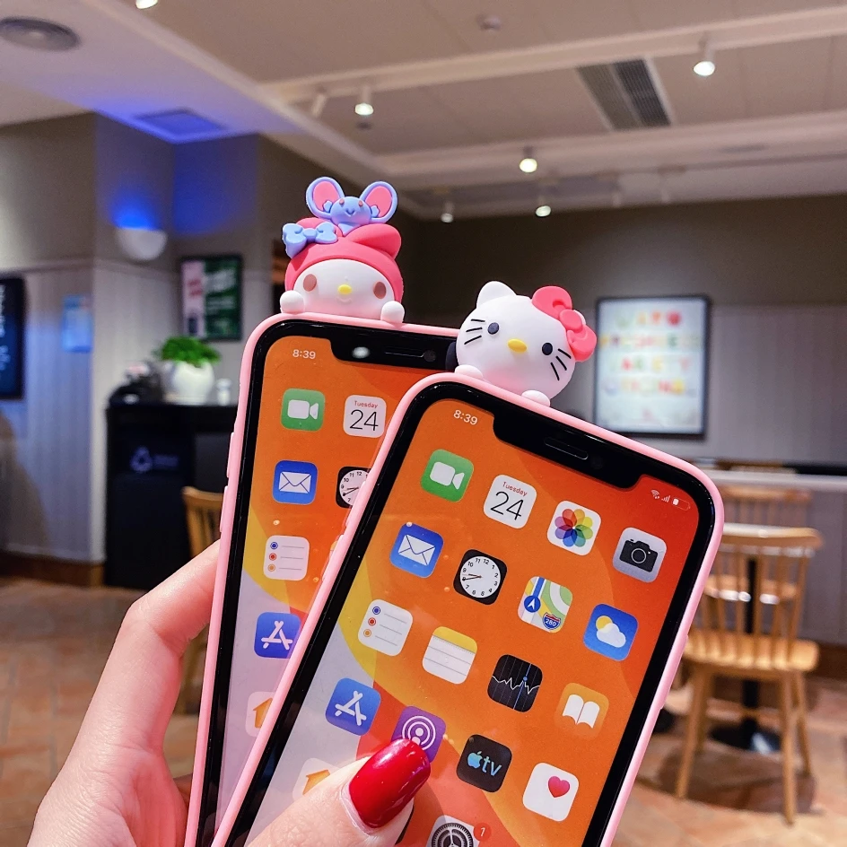 For iPhone 6 6s 7 8 X Xs Max XR 11 12 13 14 Pro SE Max Case My Melody Hello Kitty TPU Soft Phone Case With Holder Strap Rope