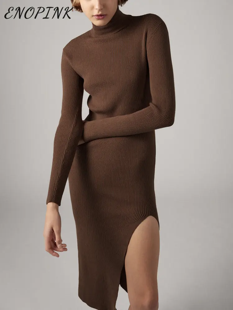 Split Knitted Sweater Dress Women Elegant Long Sleeve High-Neck Elastic Midi Dress Sexy Slim Bodycon Robe Femme Evening Vestidos