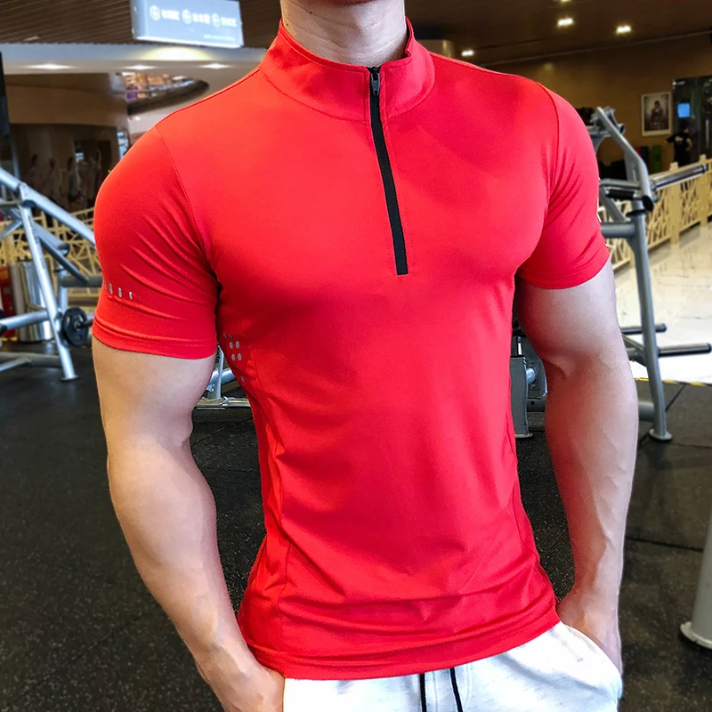 2023 Men Summer Sports T-shirts Quick Dry Breathable Short Shirts Fitness Running Outdoor Gym T Shirt Male Casual Zipper Up Tees