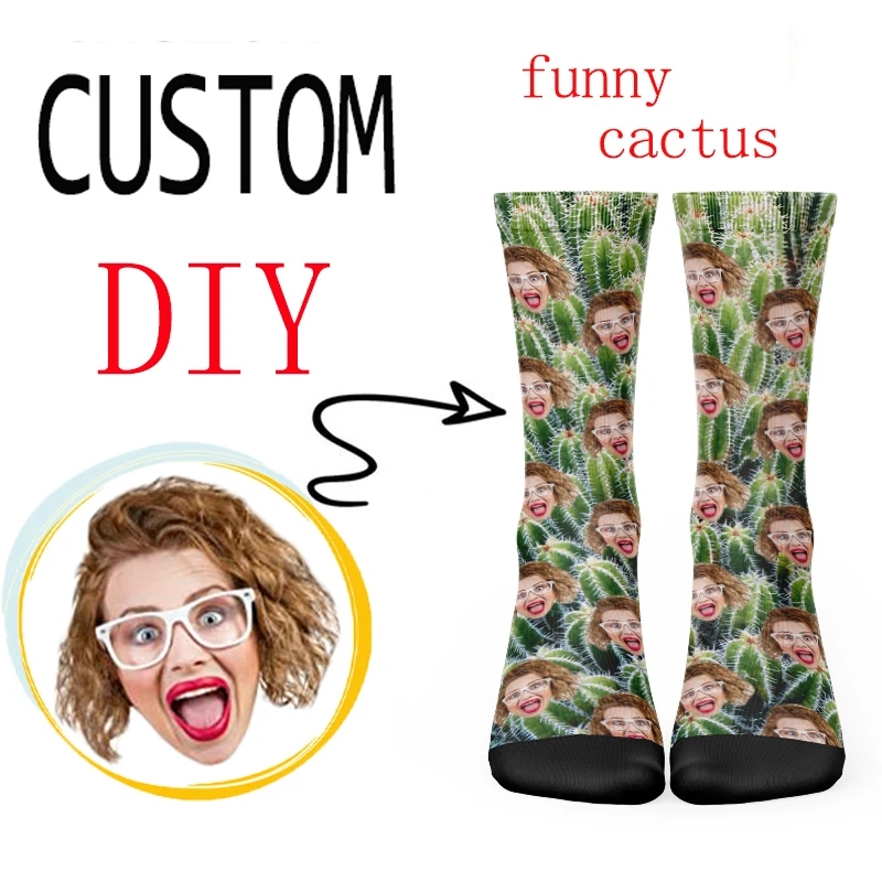 Creative Customized Cotton Socks Cactus Pattern And Your Face Custom Interesting Fashion Neutral Socks Multi Size Surprise Gift