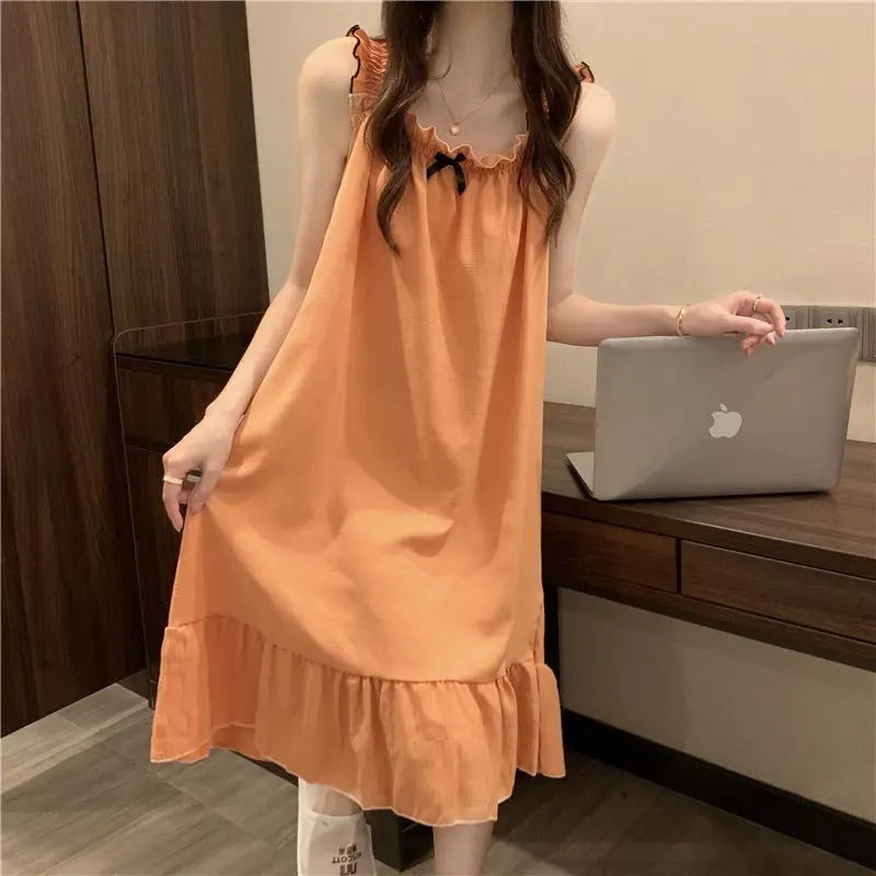 Sweet Desire Nightdress Princess Style Ruffle Halter Pajamas Summer 2023 New Bow Home Wear Loose Solid Casual Female Sleepwear
