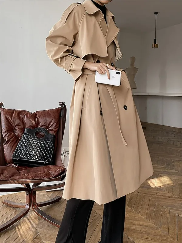 

2023 Korean Fashion Trench Jackets with Belt Women Elegant Double Breasted Khaki Windbreaker Casual Long OverCoat Streetwear