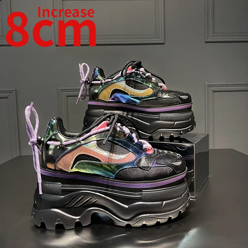 

European Style 8cm Elevator Shoes Women's Thick Soles Height Increased Sneakers Genuine Leather Women White Casual Sports Shoes