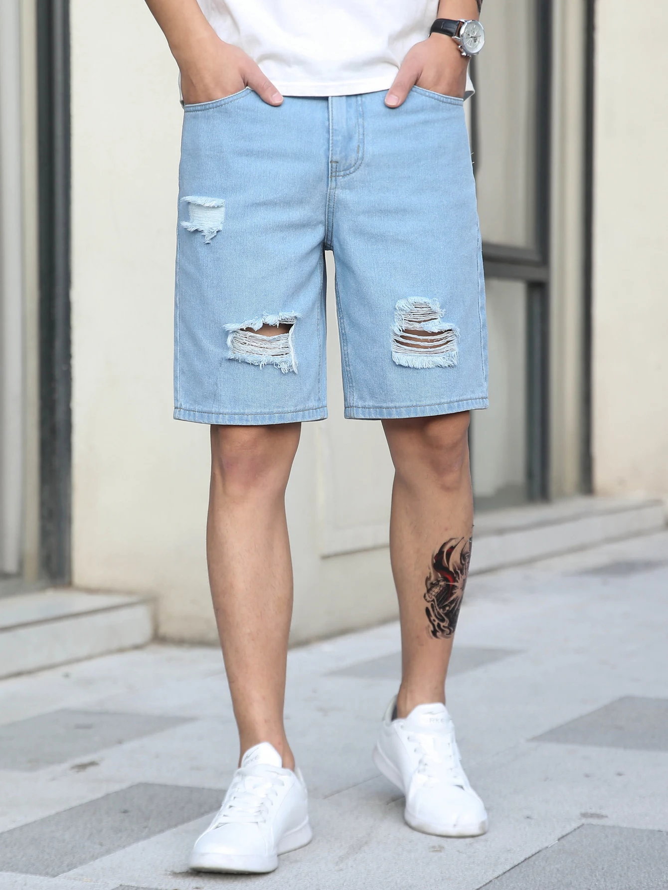 Summer New Men's Stretch Straight Short Jeans Fashion Casual Slim Fit High Quality Elastic Badge Pockets Hole Denim Shorts Male