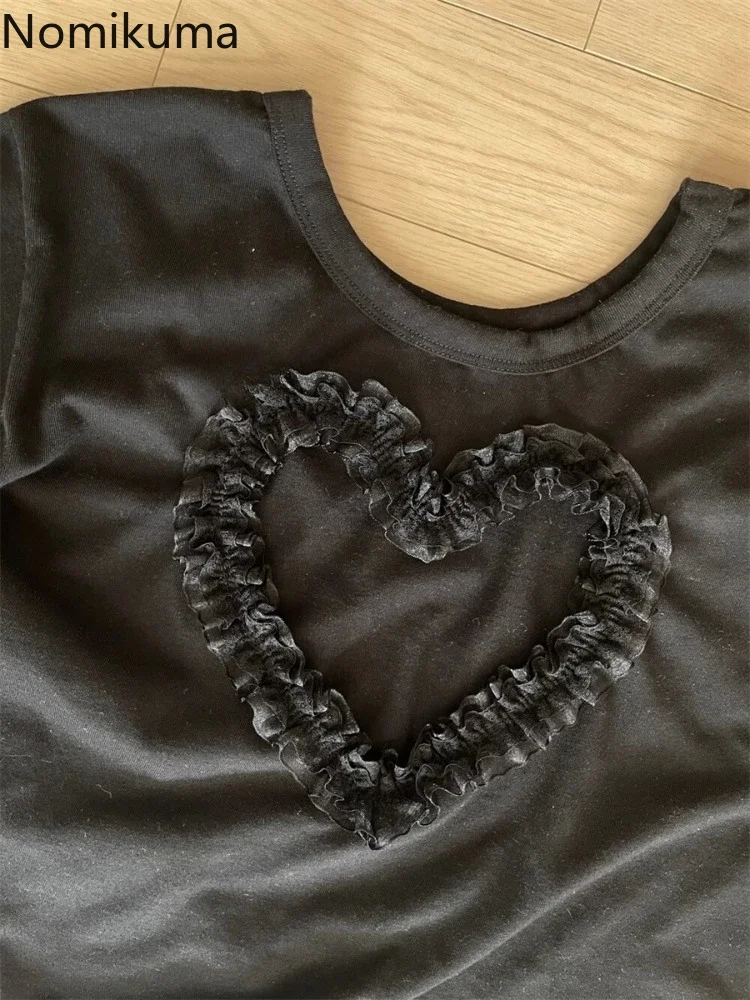 Уличная одежда Y2k Футболки Женская с длинным рукавом и круглым вырезом Кружева Love