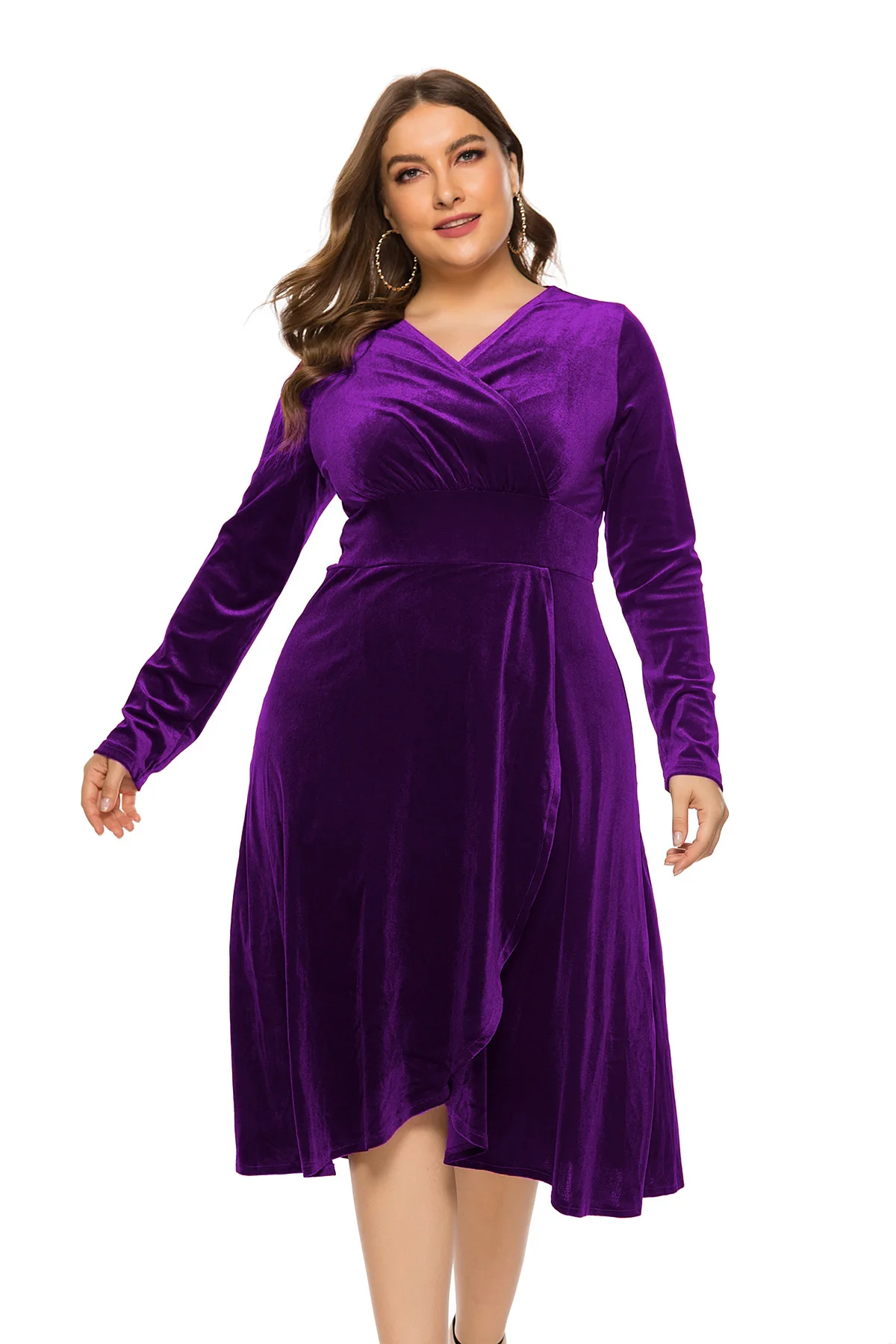 Women Plus Size Velvet Dress Sexy Deep V-neck Long Sleeve Party Dress Elegant Pleated High Wiast A-Line Dresses 5XL