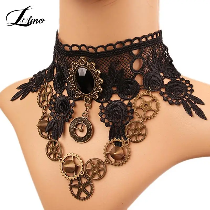 

Collares Sexy Gothic Chokers Crystal gear chain Black Lace Neck Choker Necklace Vintage Women Chocker Steampunk Jewelry