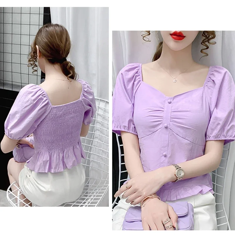 Летние белые топы с пышными рукавами женские 2024 модные повседневные фиолетовые