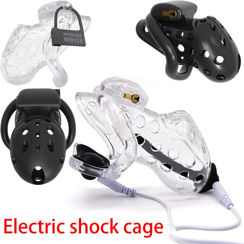 

E-Stimulation Chastity Cock Cage Electric Shock Plastic Cage Penis Ring Ball Lock Electro BDSM Restraint Sex Toys for Man