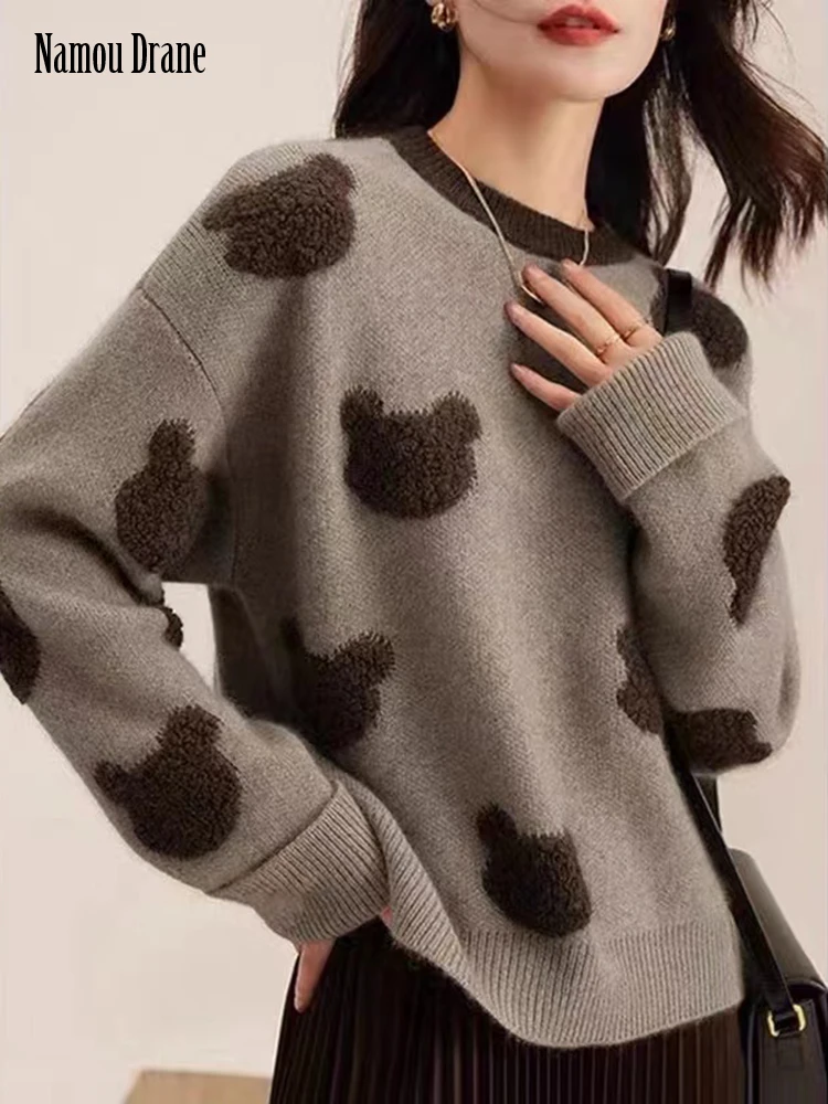 

Женский жаккардовый свитер Namou Drane, свободный свитер с круглым вырезом в западном стиле, новинка осень/зима 2022, элегантная вязаная одежда для...