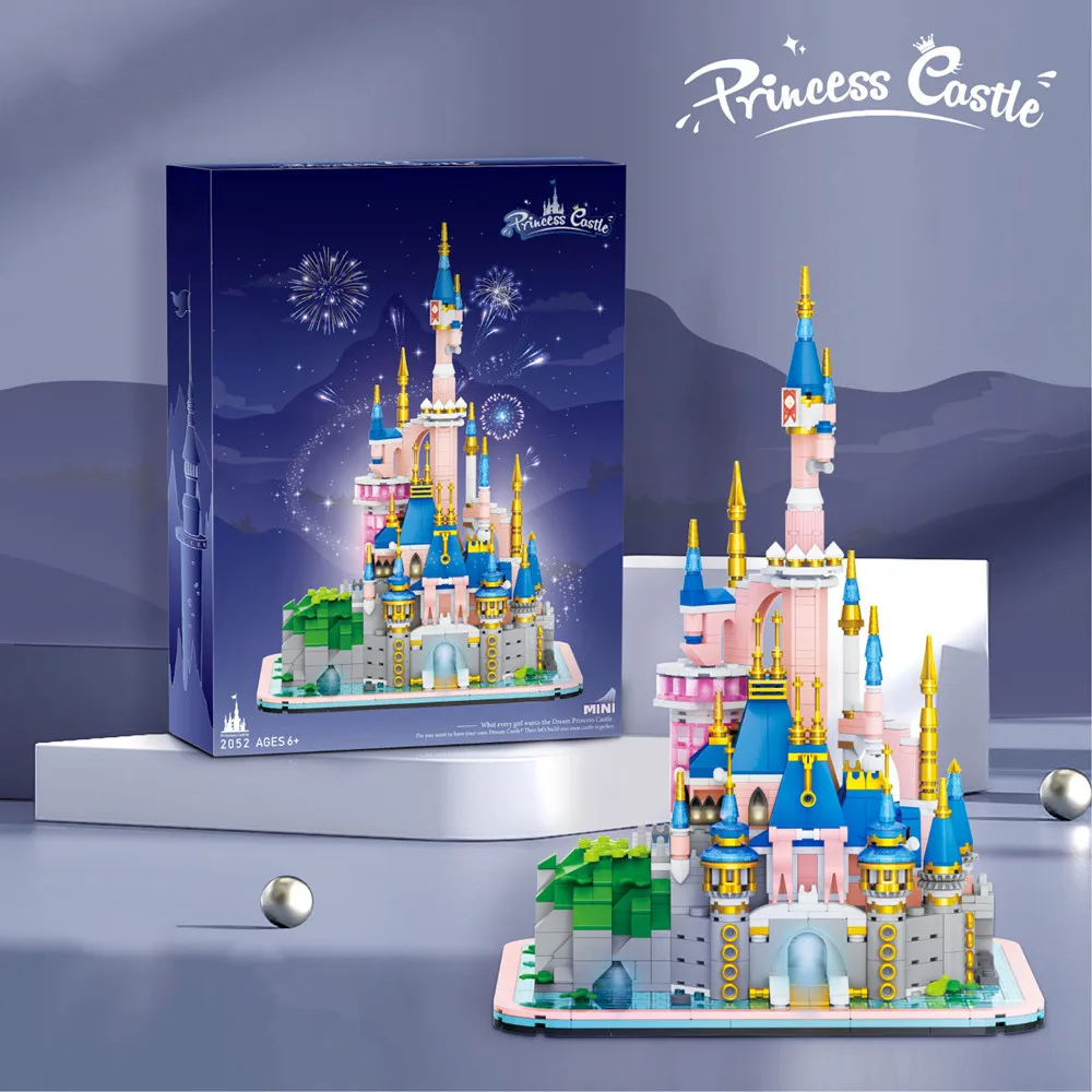 

Disney Lighting Princess Castle World Park Friends Block Disneyland Fairy Tales Pink Castle Model Brick Toy for Gifts Set Kid