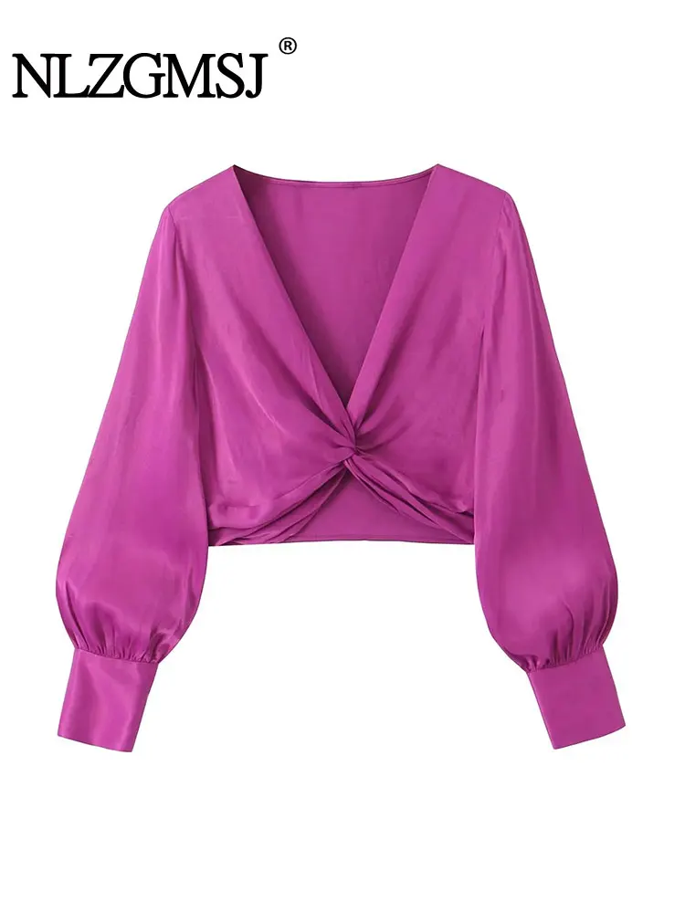 

ZaZevity 2023 Spring Autumn Cropped Blouse Women Bow Tied Crop Top Female Long Sleeve Top Woman V Neck Elegant Blouses