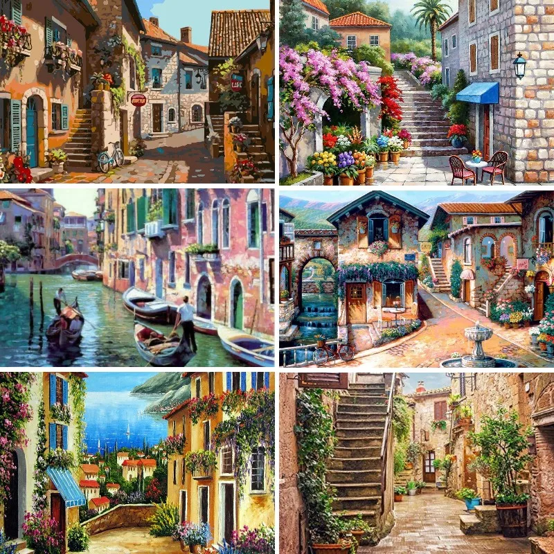 

5D Diamond Painting European Town Street Landscape Diamond Embroidery Walkway Cross Stitch Mosaic Pattern Home Decoration