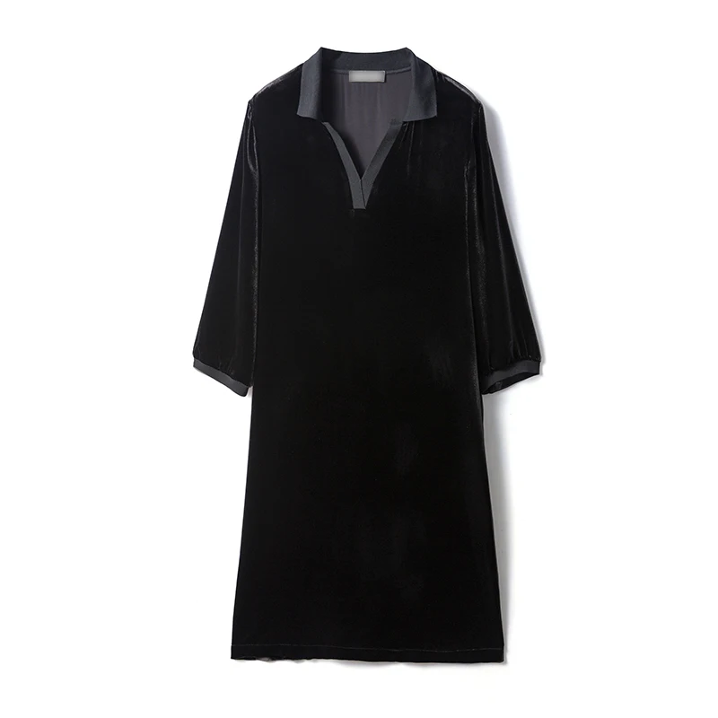 

Silk velvet dress female mulberry silk POLO collar little black dress mid-length long-sleeved a-line skirt 2023 spring new