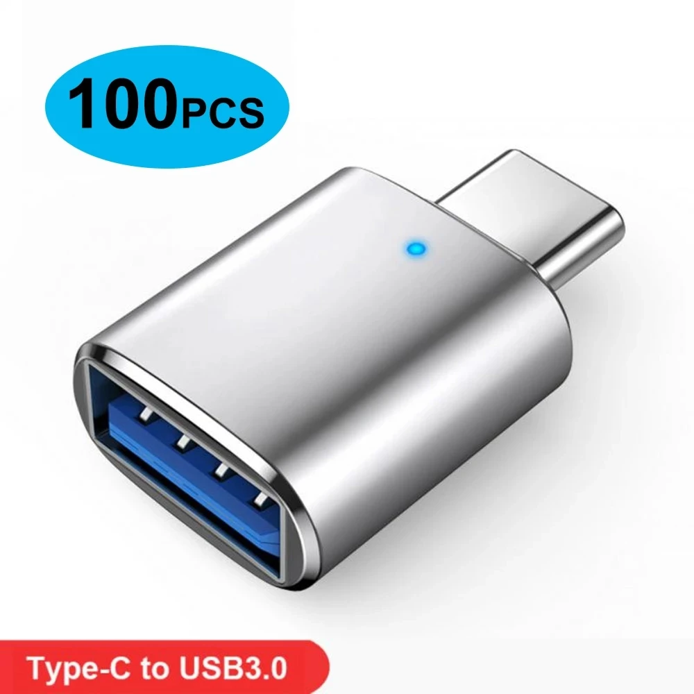 100Pcs USB C Adapter 3A LED USB 3.0 To Type C Adapter For Macbook Xiaomi POCO Huawei Samsung S22 S20 Type-C To USB OTG Adapter