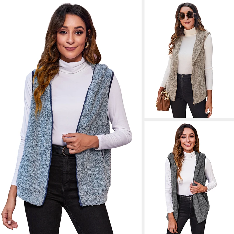 

Японский кардиган с капюшоном на молнии, повседневный плюшевый пуловер, жилет, куртка, однотонное пальто без рукавов на молнии с карманами д...