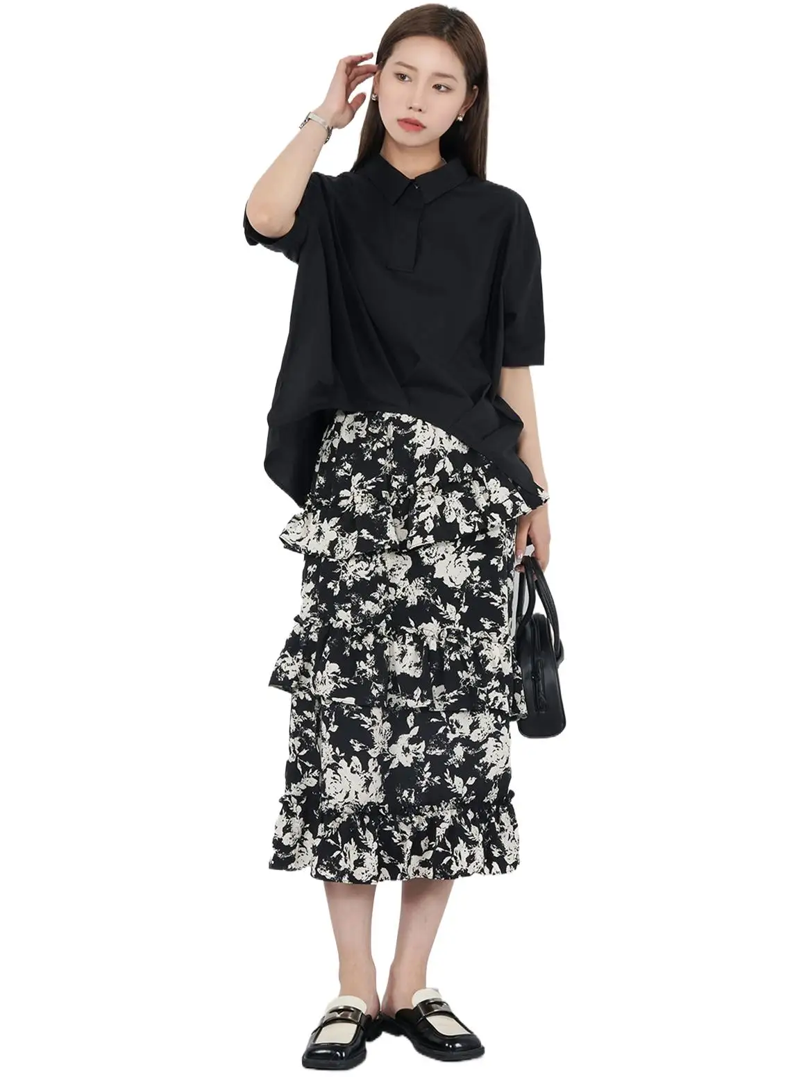 

Summer New Women's Medium Length Skirts Chiffon Design Sense Lotus Leaf Side Vintage Floral Printed High Street Fashion Vestidos