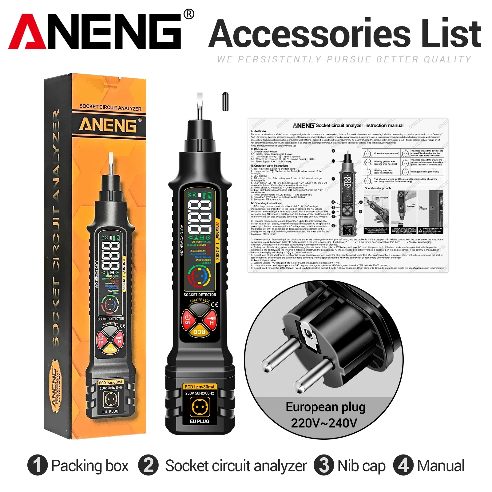 

ANENG VD808 Умный Электрический Тестер-ручка С Датчиком NCV, Детектор Напряжения 220В/110В Переменного Тока