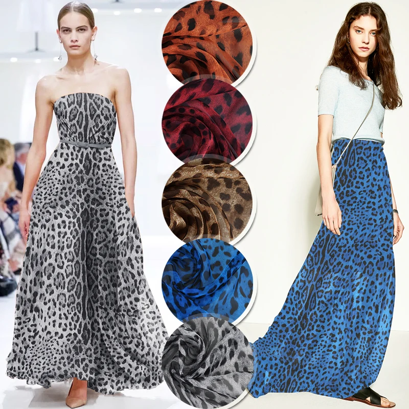 

High Quality Silk Fabric Scarf Beach Dress Print Chiffon Classic Leopard Fabrics For Clothing Meter Brown Orange Rose Red Wine
