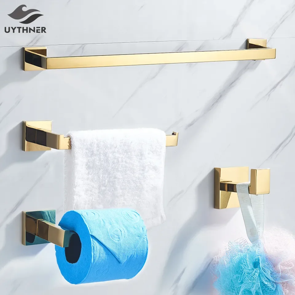 

NEW2023 Bathroom Hardware Set Gold Polish Bathrobe Hook Towel Rail Bar Rack Bar Shelf Tissue Paper Holder Bathroom Accessories