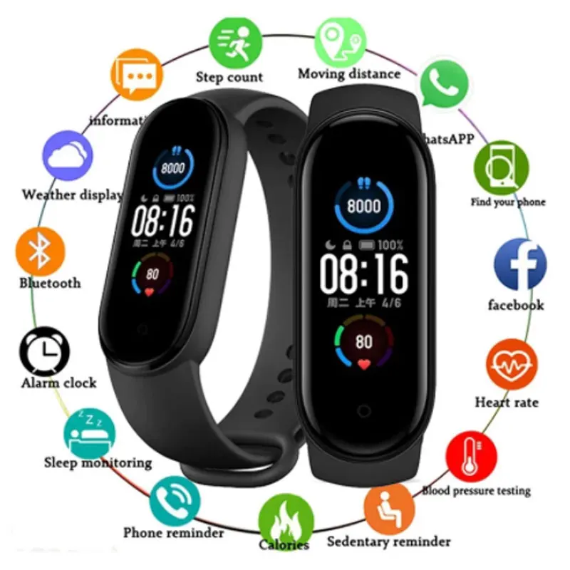 

Спортивный смарт-браслет M5 для фитнеса Apple Huawei Xiaomi, смарт-браслет с монитором кровяного давления, пульсометром и сплошным цветным ремешком