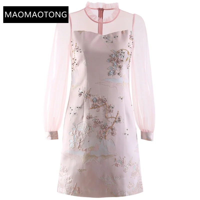 

Dresses For Women 2022 Elegant High Quality Luxury Autumn Jacquard O-Neck Lantern Sleeve Crystal Beading Vintage Mini Dress