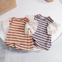 girls fashion t shirt summer lace purfle short sleeve tops kids casual children clothing cotton striped tees 1 6age baby t shirt