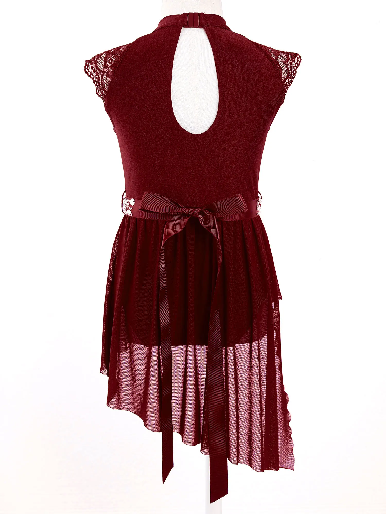 Kids Girls Contemporary Lyrical Dance Dress Lace Cap Sleeve Asymmetrical Tulle Skirt Leotard Ballet Costume Performance Wear